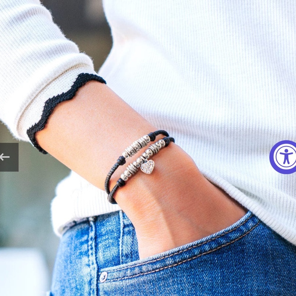 Lizzy James Gunmetal Leather Bracelet,Cubic Zirconia,Sterling Silver Heart Charm